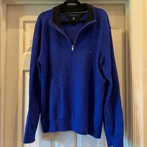 Tommy Hilfiger XL Royal Blue Sweater with Black Collar and Elbow Patches